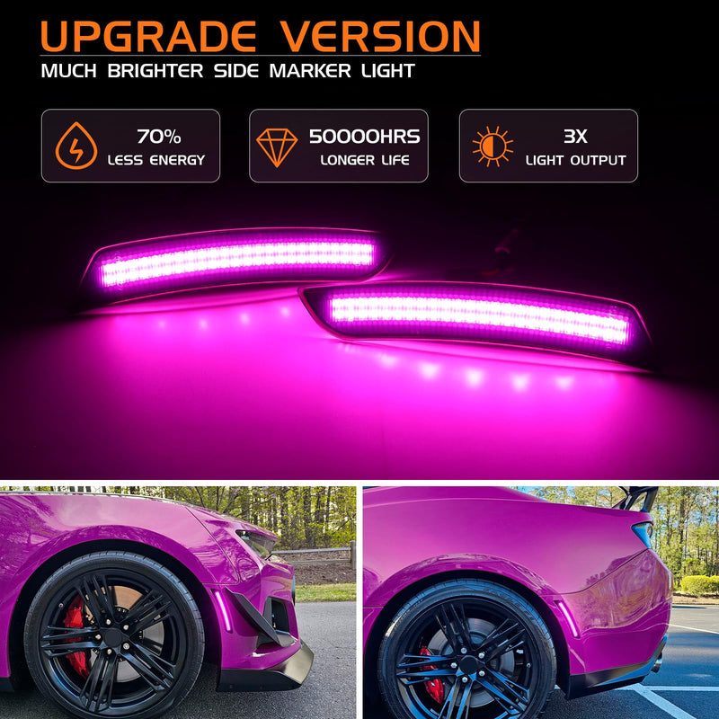 Pink Purple LED Side Marker Lights for Chevy Camaro 2016 2017 2018 2019 2020 2021 2022 2023 Front Rear Fender Bumper Reflectors, Smoked Lens Pink Purple