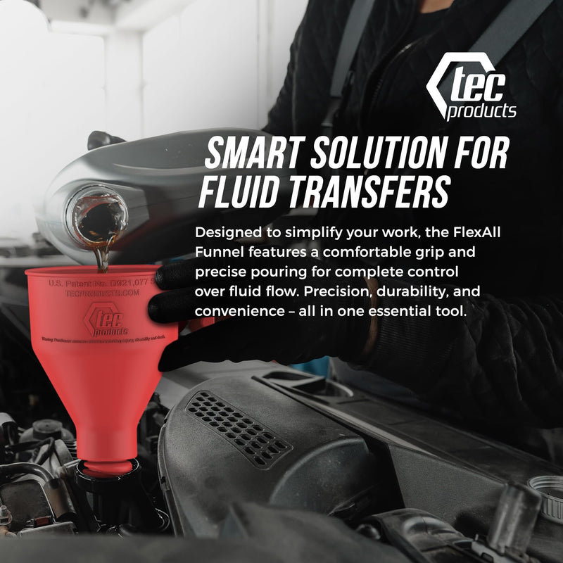 FlexAll Funnel - Long Flexible Funnel with Hose for Automotive Use - Nitrile Rubber Funnel with Handle for Oil Change and Transmission Fluid - Gas, Diesel, Oil Funnel for Cars Red Large