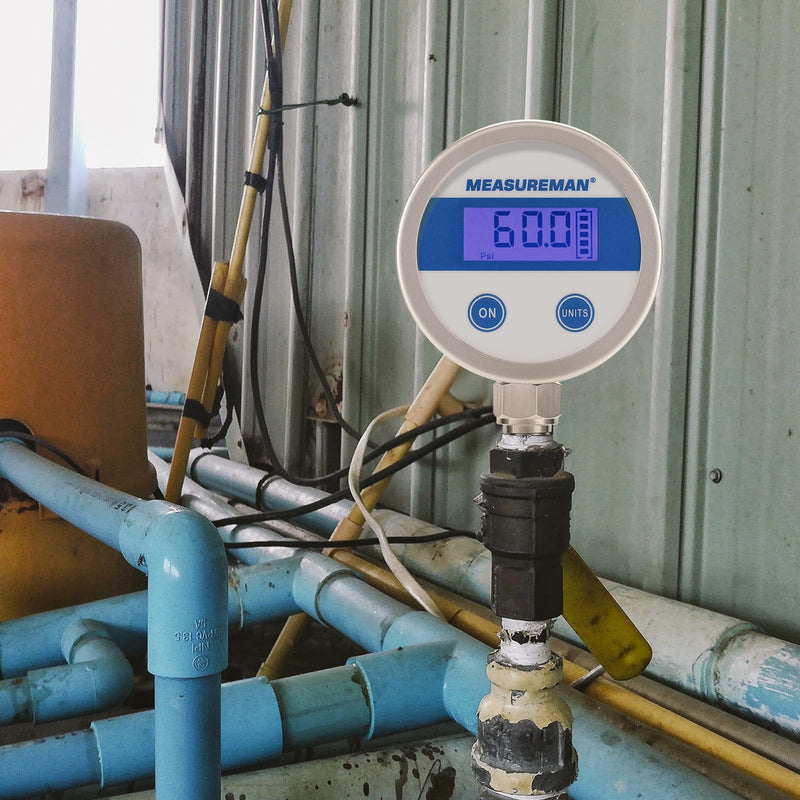 MEASUREMAN Economy Digital Pressure Gauge 2.5" Blue Backlit LCD, 0-60 PSI All Stainless Steel Case 1/4" NPT Connection 1% Accuracy 0-60psi