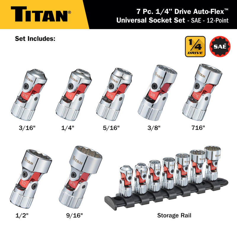Titan 66860 7-Piece 1/4-Inch Drive SAE Auto Flex Universal Socket Set, 12-Point, 3/16-Inch to 9/16-Inch 0.188 - 0.563 Inch