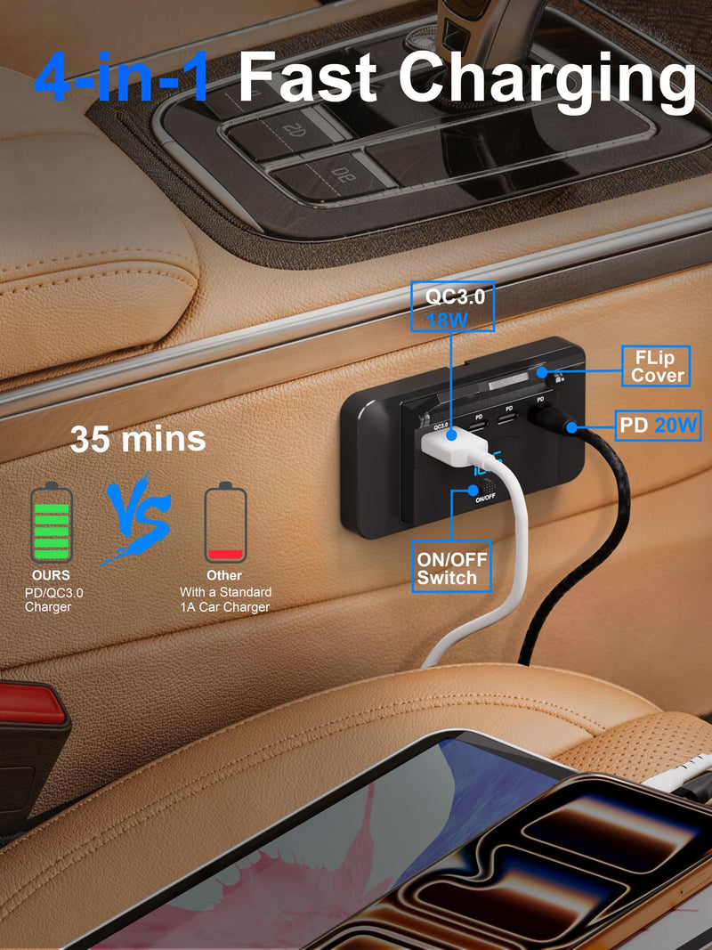 12V RV USB Outlet Wall Mount Panel: 40W 4 Ports USB Socket Car Charger | 3* 20W PD3.0 Type-C & 1* 18W QC3.0 Quick Charging with LED Light Power Switch for RV Truck Boat Golf Cart Marine Bus