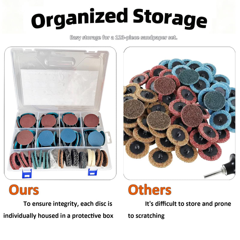 2 Inch Sanding Discs 123 PCS, Quick Change Die Grinder Attachments, 1/4" Shank for Die Grinder, Drill, Polish, Automotive Surface, Paint Rust Removal, Compatible with Milwaukee M12, Dewalt