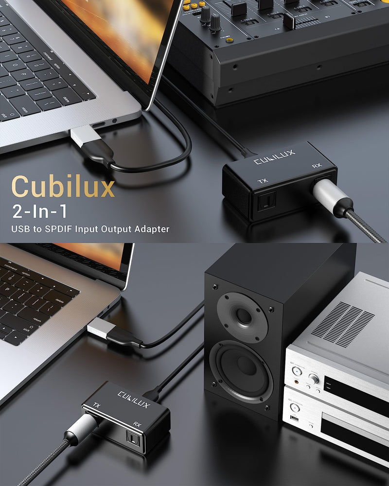Cubilux UCSTR-B3 USB to SPDIF Input Output Adapter, 2-in-1 USB to TOSLINK Optical Transmitter Receiver Compatible with MacBook, Laptop, Computer, PC, Stereo Sound ONLY, NOT for Phone or Tablet