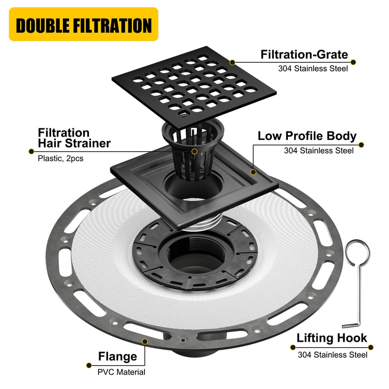 4 Inch Shower Drain Compatible with Schluter Kerdi System, Bonding Drain with PVC Bonding Flange for Schluter Shower Kit, Diamond Pattern Grate (Black) Black Grate 4 Inch