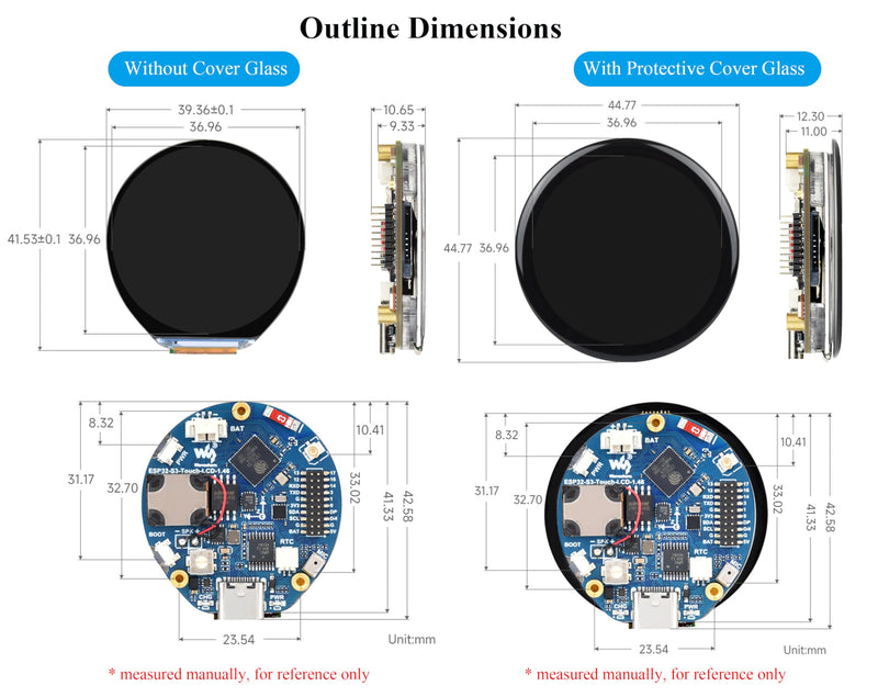 ESP32-S3 1.46inch Round Touch Display Development Board, 412×412 Pixel IPS LCD, Accelerometer and Gyroscope Sensor, Onboard Speaker and Microphone, ESP32 with Display, Supports W-i-F-i & B LE