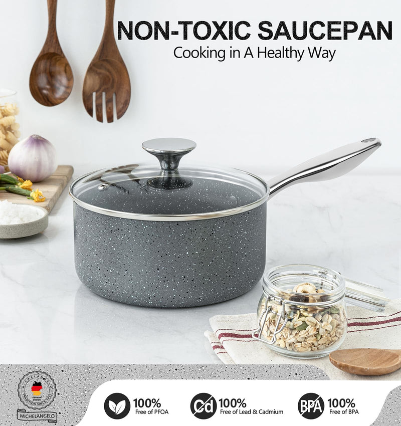MICHELANGELO Sauce Pan with Lid, 1 Quart Saucepan with Lid Granite, Non Stick Sauce Pan with Stainless Steel Handle, 1 Qt Saucepan with Nonstick Coating, Grey 1 Quarts