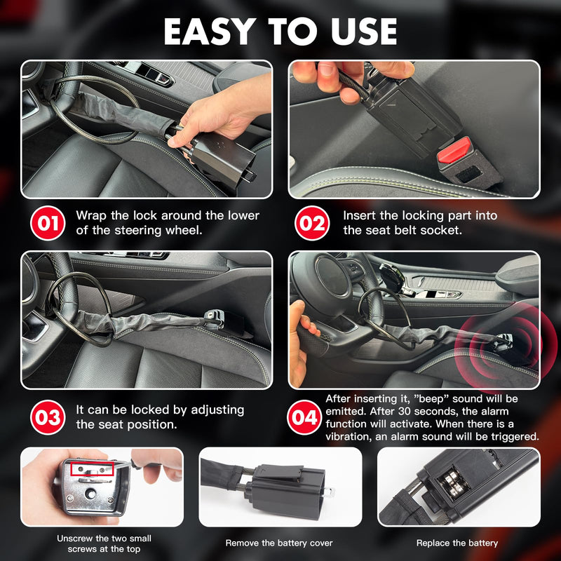 Car Steering Wheel Lock with Alarm/Keys Seat Belt Lock Anti-Theft Device | Universal Compact Lightweight Theft Prevention Security Lock for Vehicles Trucks SUVs Golf Carts RV Vans