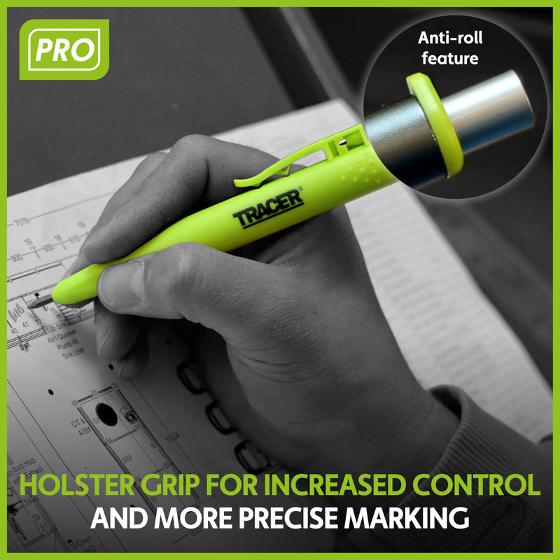 Tracer Pro Aluminum Deep Hole Construction Pencil - Durable Mechanical Carpenter Pencils Set with Sharpener & 6 Replacement Leads Holster Woodworking Marking Tool Contractor Pencil Kit 2.8mm Deep Hole