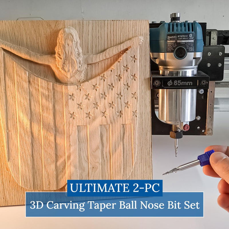 3D Carving Taper Ball Nose End Mill Bit Set (1/4-inch Shank) – 2pc Set Includes Fine Detail & Ultra-Fine Detail Carving Bits – Enhance CNC Woodworking 3D Precision with Versatile Bits