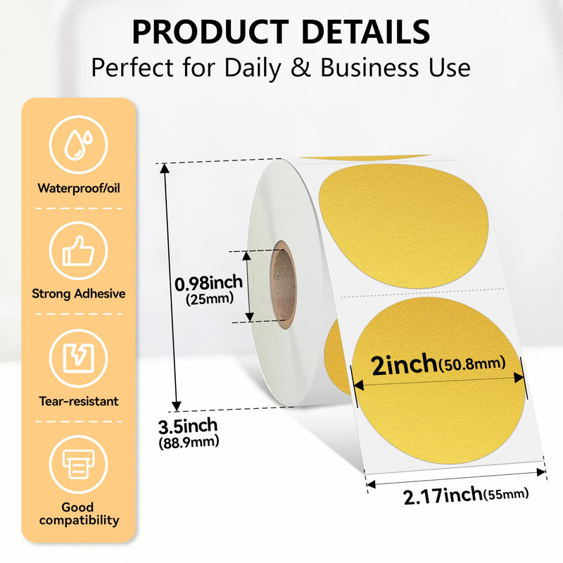 2 inch Dot Stickers Labels Circle Garage Sale Sticker 750Pcs Round Thermal Printer Stickers Printable Writable Price Labels for Yard Sale, Gold