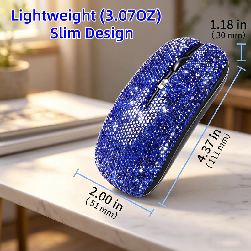 Wireless Mouse Bluetooth,Cute Bling Crystal Rhinestone Blue Rechargeable Silent Slim Dual Mode Portable USB Mouse for Laptop PC Computer MacBook Office Travel,Gift for Teen Girl Women Mother Her