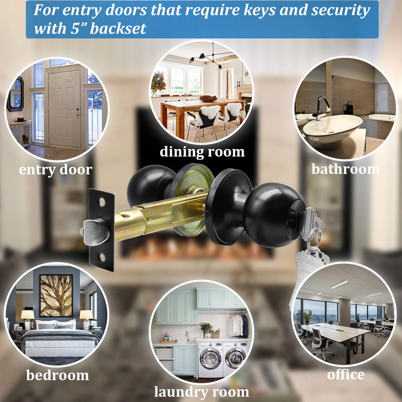 5" Backset Latch Keyed Entry Door Knob with Lock and Key, Standard Square Interface Entrance Ball Doors Knobset Lockset, Matte Black
