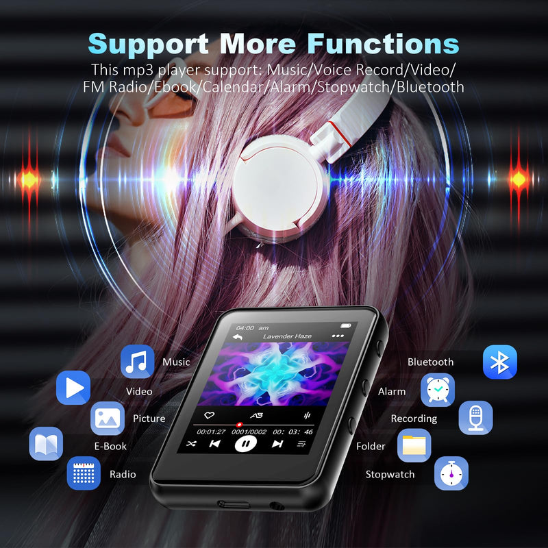 PulsePlay 32GB MP3 Player with Bluetooth 5.3,2.4" Full Touch Screen Portable Music Player with Speaker,HiFi Lossless Sound,FM Radio,Voice Recorder,Support up to 256GB TF Card,Ideal for Kids,Sports,Gym