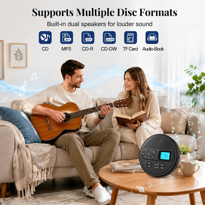 Portable CD Player with Bluetooth, FM Transmitter, USB, AUX, Timer | Rechargeable CD Player with Anti-Skip, Stereo Speakers, LCD Display, Includes Headphones for Use at Home or in Car, Black