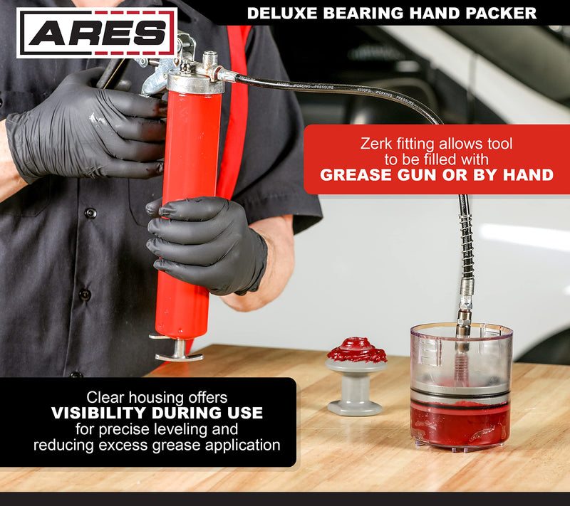 ARES 54035 – Deluxe Bearing Packer – Quickly and Easily Flushes Old Grease and Repacks Wheel Bearing – Fill with Grease Gun or by Hand – Durable Polycarbonate Construction