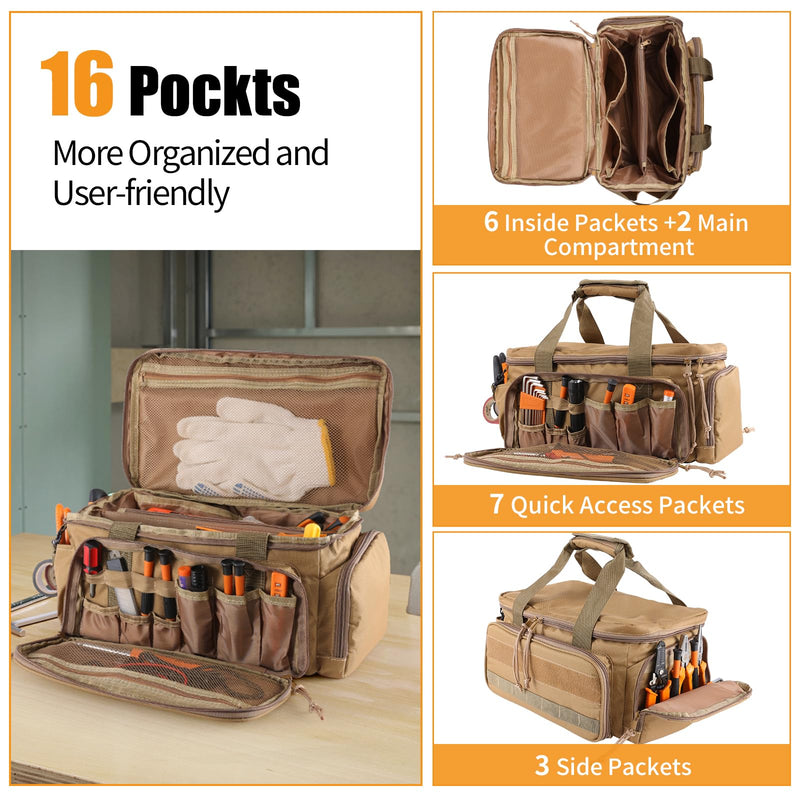 16-Inch Tool Bag with 16 Packets,Tools Bag for Men with Anti-friction Bottom,Tactical Range Bag,Electrician Tool Bag Organizer,Mechanics Tool Storage Bag for Repairman,Carpenters,Handyman,Khaki