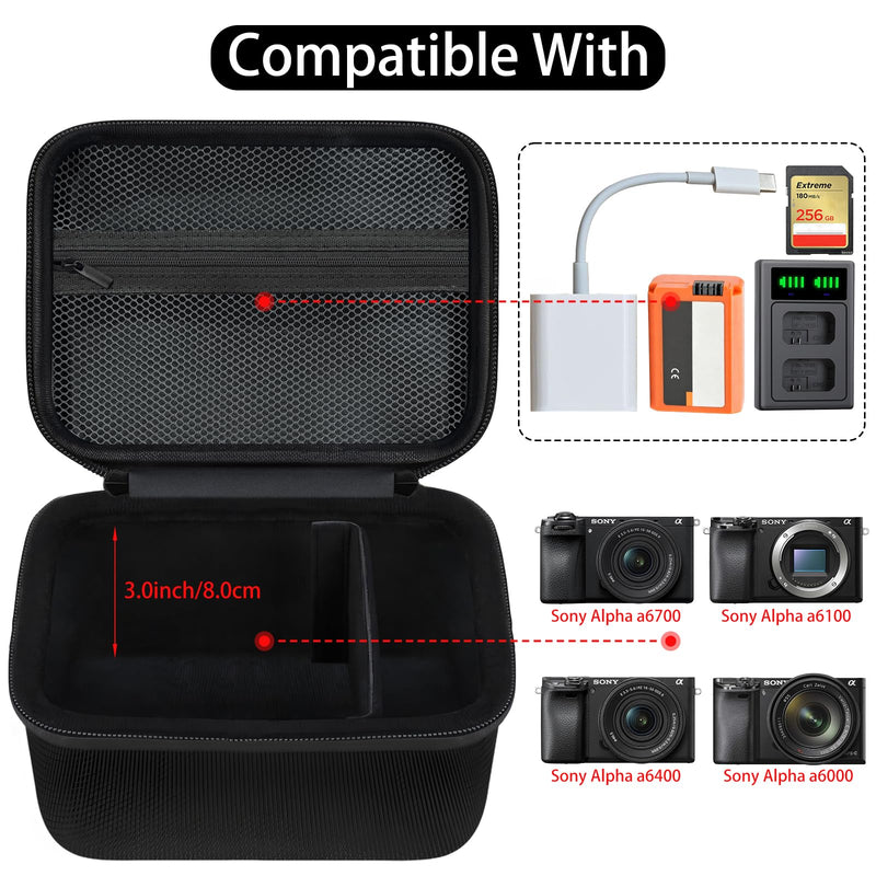 Camera Case for Sony Alpha a6400 / a6700 / a6600 / a6100 / a6500 / a6300 / a6000 Mirrorless Digital Camera Fits 16-50mm/18-300mm Lenses With Adjustable Dividers & Mesh Pocket (Case Only)