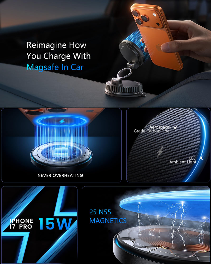 15W MagSafe Car Mount Charger, Vacuum Magnetic Phone Holders for Your Car | [89+LBS Strong Suction, 2800gf Strong Magnetic] Wireless Car Charger, Car Phone Holder for iPhone 17-12, Samsung, Gifts Carbon Fiber