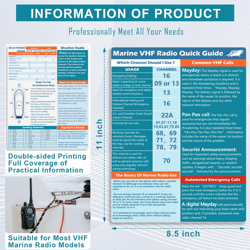 3 Pcs VHF Radio Marine Quick Guide Chart 8.5×11 inch Boating Reference Card Letter Size Boat Accessories Sailing Gift Boat Gift Boat Must Haves for Men Ship Fishing Improved Safety Two-Way Radio (3) 3