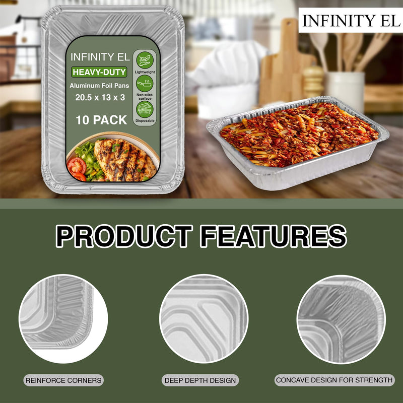 INFINITY EL 10 Pack FULL SIZE DEEP Disposable Aluminum Foil Pans 20.5" x 13" x 3", Aluminum Baking Pans | Heavy Duty Foil Pan for Roasting Turkey, Lasagna, Thanksgiving, Christmas (Full Size-Deep/10 Pack)