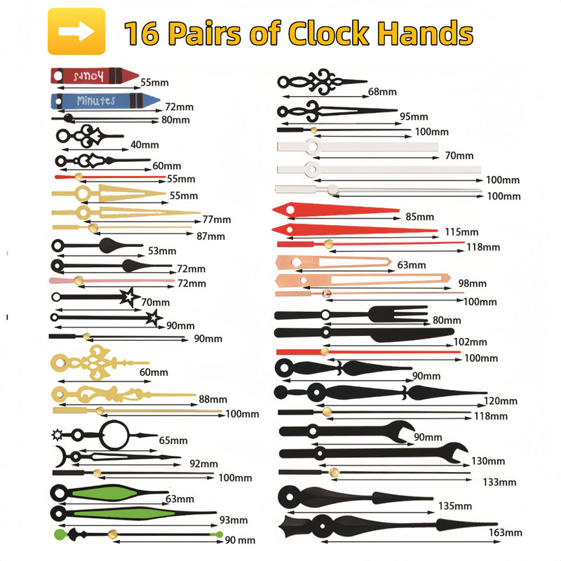 15 Packs Clock Mechanism Replacement Kit with 16 Pairs Clock Hands, Quartz Clock Movement Replacement, Clock Movement Motor Kit for Clock Repair, Replacement, DIY and Custom Clock 15 Packs Clock Mechanism with 16 Pairs Clock Hands