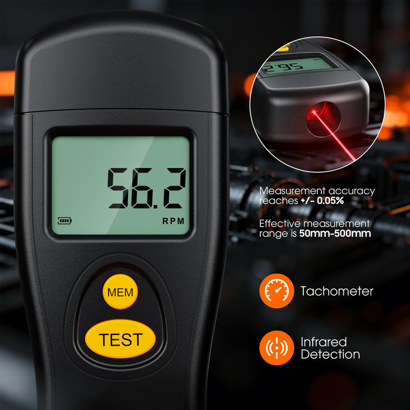 Digital Tachometer, Noncontact Laser Photo Sensor with 30 to 99,999 RPM Accuracy, RPM Gauge Meter