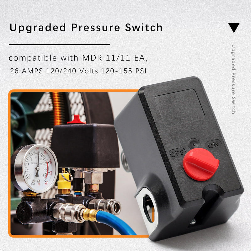 Upgraded Pressure Switch Compatible with Condor MDR 11/11 EA, 26 AMPS 120/240 Volts 120-155 PSI