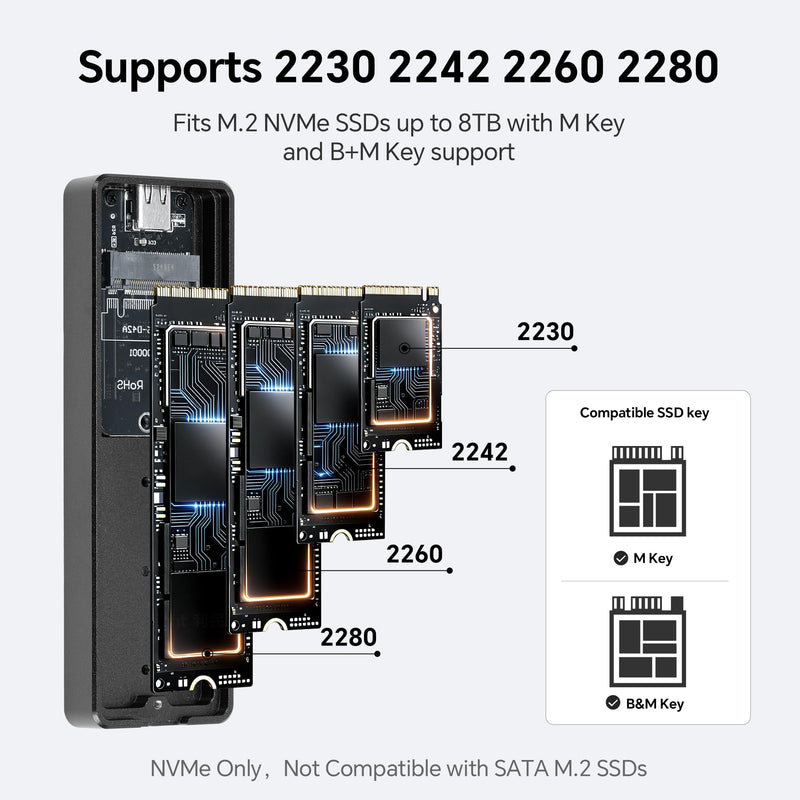 Thermalright M.2 NVMe SSD Enclosure HR-EB118 AC Black | USB3.2 Gen2 10Gbps USB-C External SSD Case, CNC Aluminum Housing, UASP/Trim/S.M.A.R.T, Thermal Pads, 2230-2280, Up to 8TB