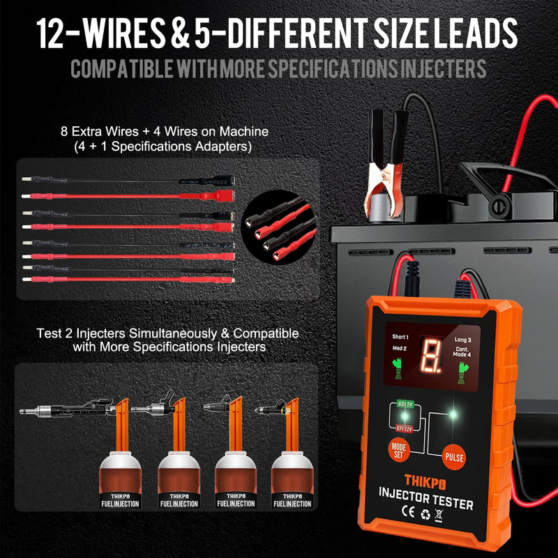 Universal Fuel Injector Tester and Cleaner Tool Kit, DIY Cleaning Tool Kit with 8 Size Cleaning Adapters, 8 Pulse Modes, 4 Wires Dual Channel for 2 Fuel Injectors Simultaneously Test, 12V/5V Output