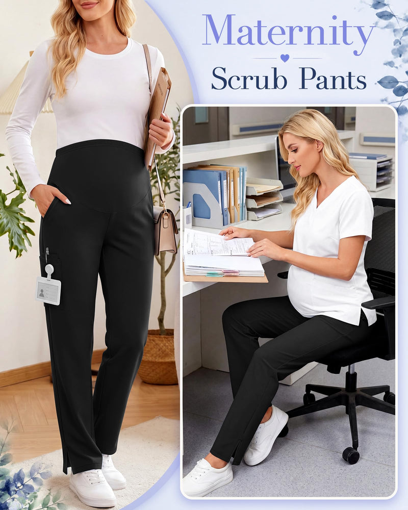 Women's Maternity Scrub Pants 6 Pockets Stretchy Pregnancy Cargo Workwear Straight Leg High Waist Nurse Trousers Black Medium