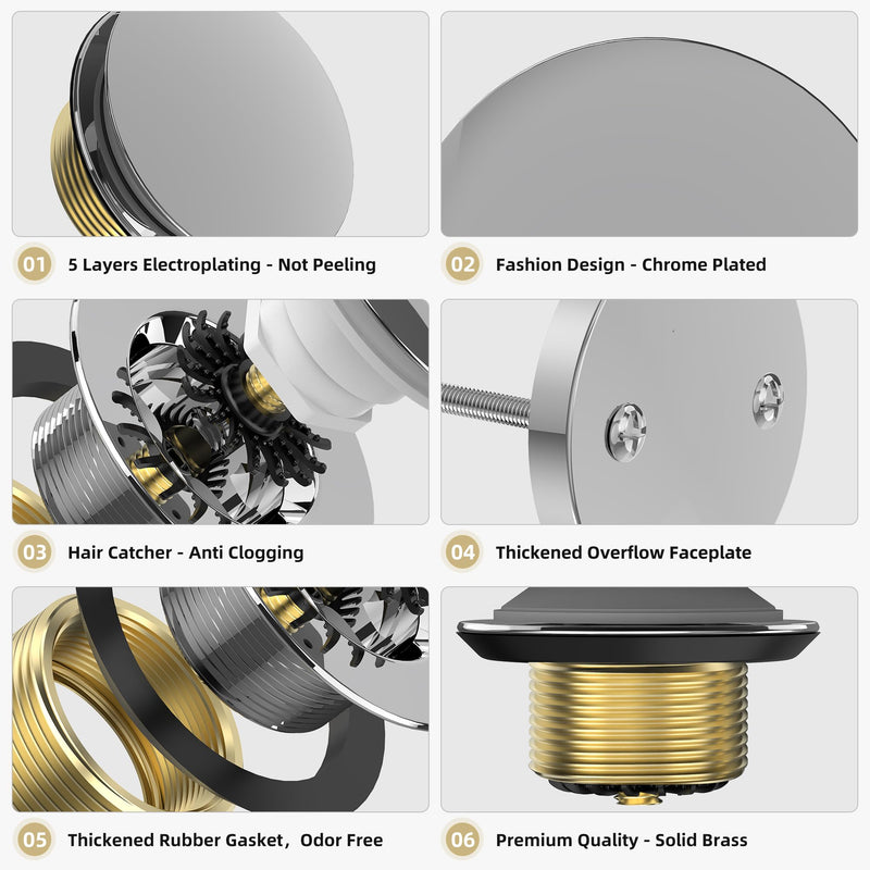 Chrome Plated Tub Drain Kit with Hair Catcher, Premium Brass Mushroom Tip-Toe Bathroom Tub Drain Replacement and 2-Hole Overflow Faceplate, 11.5/16 UNC Bathtub Drain Stopper Assembly Chrome Plated