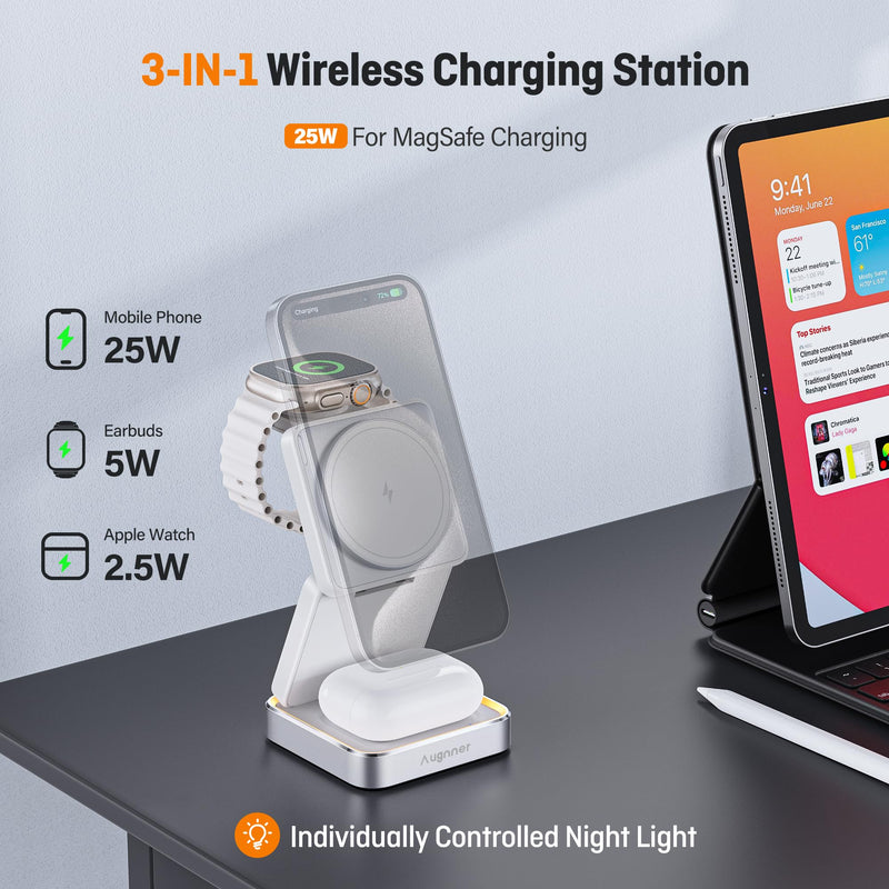 Augnner 25W 3-in-1 Charging Station for Apple Device, White Foldable Magnetic Wireless Charger, Fast Travel Charging Stand for iPhone17/16/15/14/13/12 Series, Apple Watch/AirPods