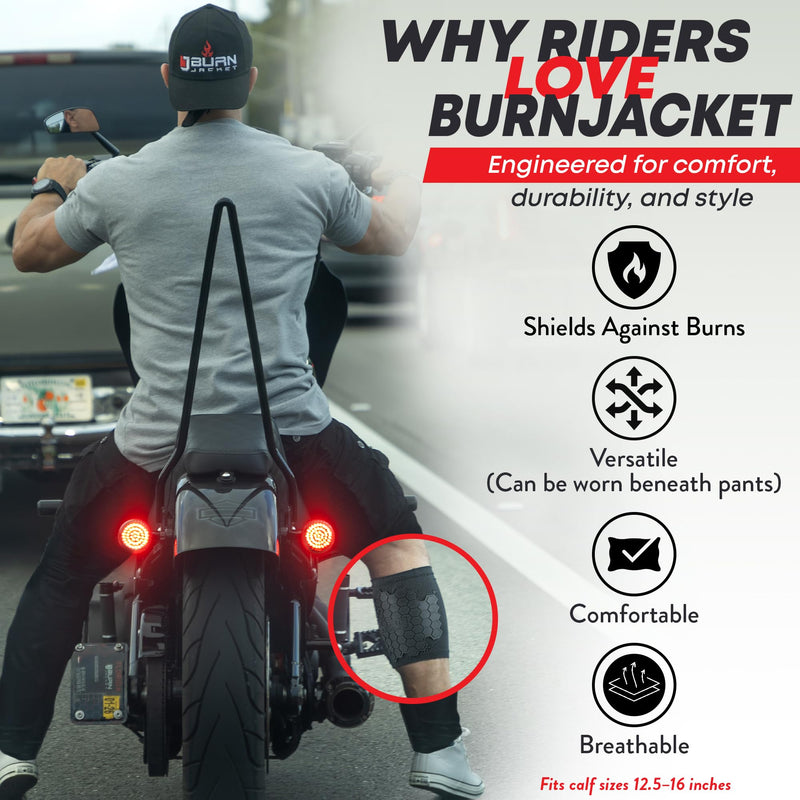 BurnJacket Max Motorcycle Exhaust Pipe Burn Protective Sleeve Leg Guard with Triple Layer Protection, Fits 12.5 - 16 Inch Calf - Heat Shield for Legs - Calf Guard - Premium Motorcycle Accessories Max Protection 12.5 - 16.5 Inch Wide Fit