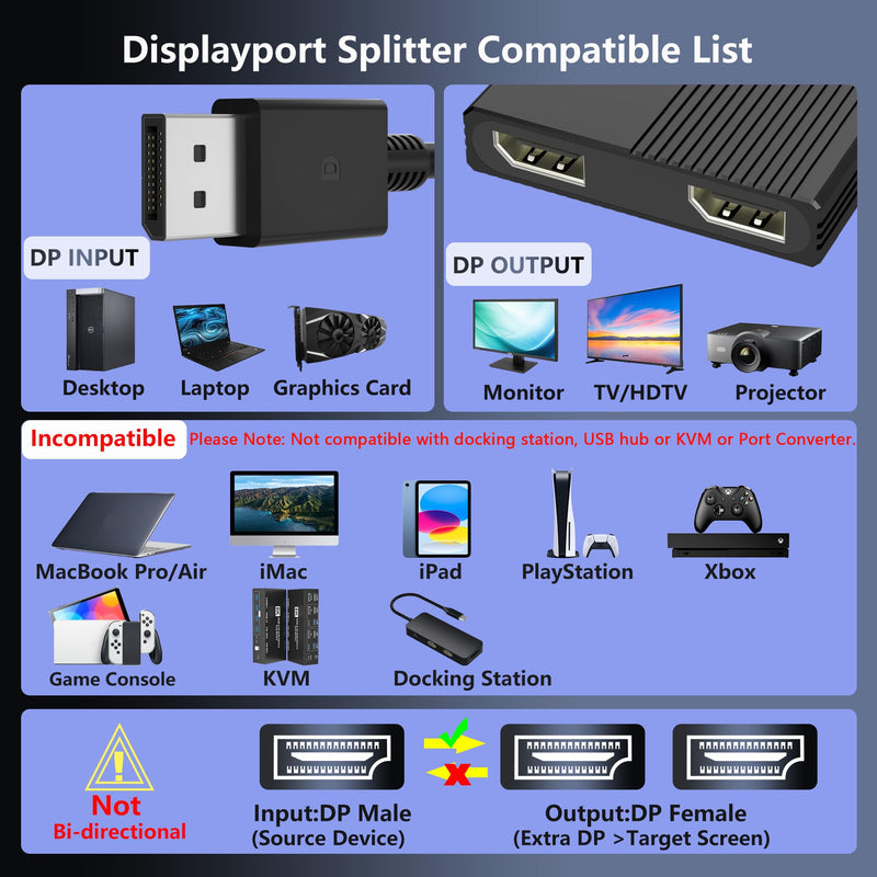 Displayport MST Hub, 4K@120Hz Display Port Splitter for Dual Monitors, DP to Dual DP Adapter 1 in 2 Out, DisplayPort Splitter Extended Display, Monitor Splitter for Laptop, Desktop, Graphics Card