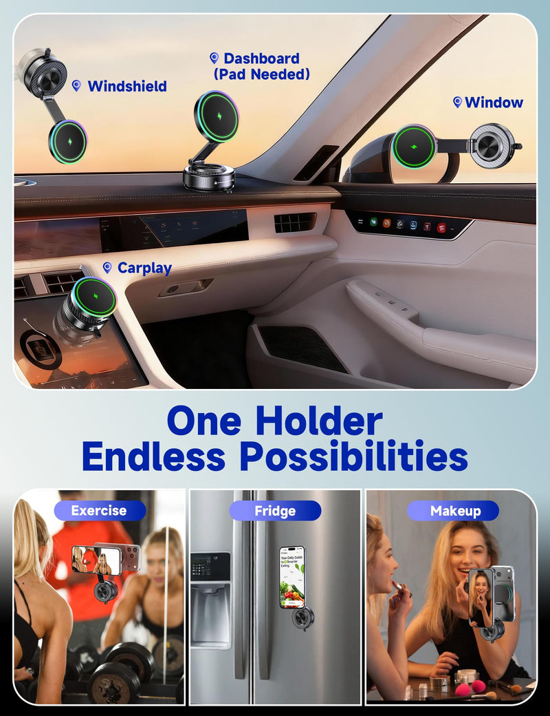 15W Magsafe Car Mount Charger, Faster Charging Wireless Car Charger | [105+LBS Suction & 3800gf Magnetic] Car Phone Holder, 360° Adjustable, Phone Holders for Your Car for iPhone & Android Blue
