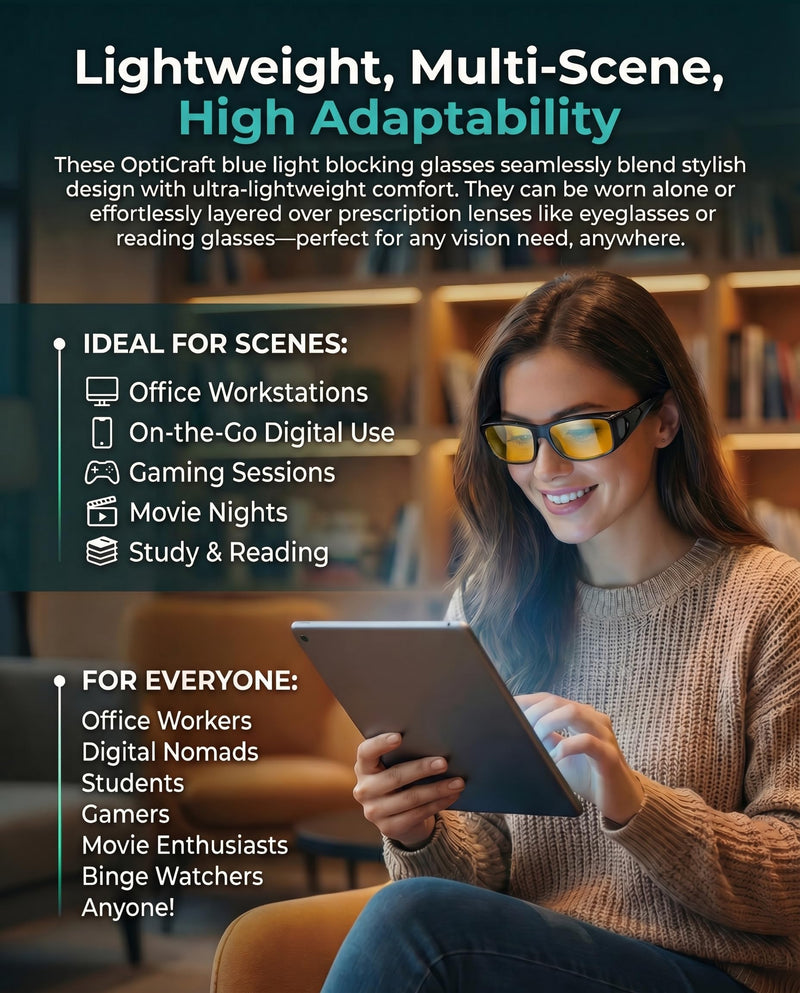 OptiCraft Blue Light Blocking Glasses Wear Over Prescription | Relieve Eye Strain, Better Sleep, Block UV400 & 380-500nm Rays Black Frame / Amber Yellow Tinted Lens