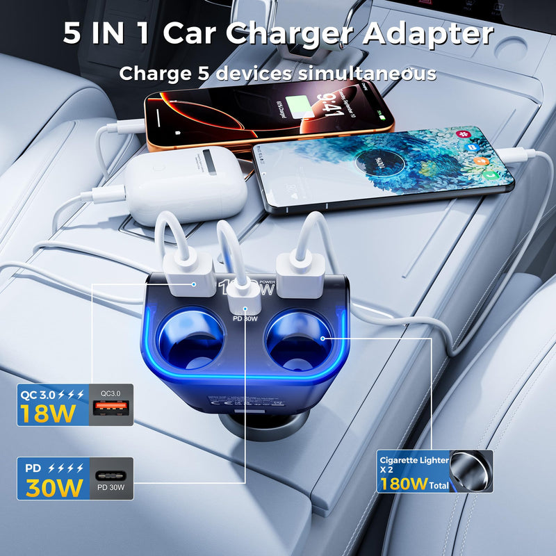 180W Cigarette Lighter Splitter,30W PD Dual QC3.0 Car Charger Adapter | 24V/12V Car USB Adapter 2-Socket with Voltmeter Fast Charging for iPhone 17/16/15 Car Devices black