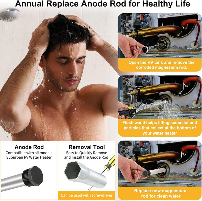RV Water Heater Anode Rod & RV Water Heater Flush Wand, 9.25"L x 3/4" NPT Magnesium Rod for Suburban (Flush Wand & 2Pack Anode Rod) Flush Wand & 2Pack Anode Rod