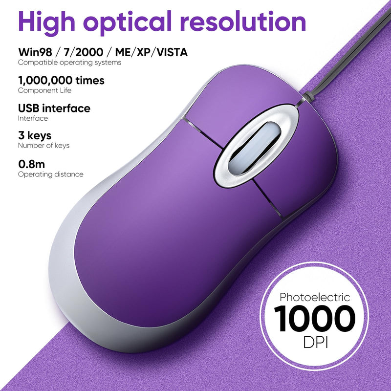 Abaodam Mini USB Mouse with Retractable Cord, Portable Wired Optical Computer Mice for Laptop, Small Travel for Office Business Home School Woman Men Girls Boys Present - Purple