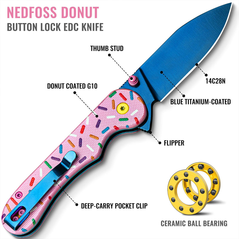 NedFoss DONUT Pink Pocket Knife for Women Men, 2.9" Blade Small EDC Knife, 14C28N Steel Button Lock Knife, Unique Donut Design G10 Handle Folding Knives DONUT_PINK