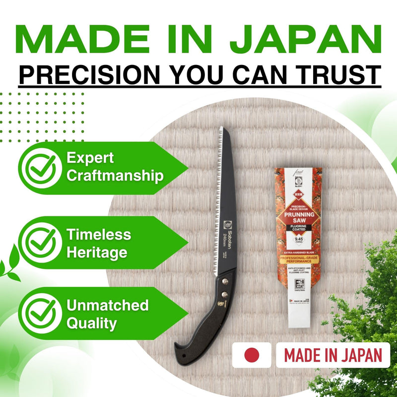 Saboten Japan 9.4" Japanese Pruning Saw – Fluorine-Coated High-Carbon Steel Blade, Traditional Wooden Handle, Precision Pull Cut Tool for Branches – forest Originals, Made in Japan
