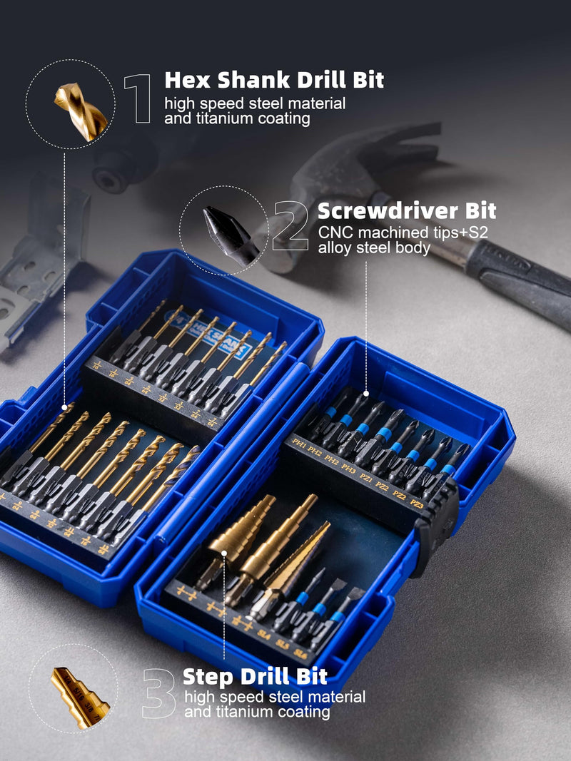 HIGHFIRE 30PCS Impact Driver Bit Set Include Screwdriver Bit Set,Step Drill Bit,Hex Shank Drill Bit with Tough Stackable Case, Idea for Hanging Pictures, Assembling Furniture and Home Tasks Assorted (30pcs)