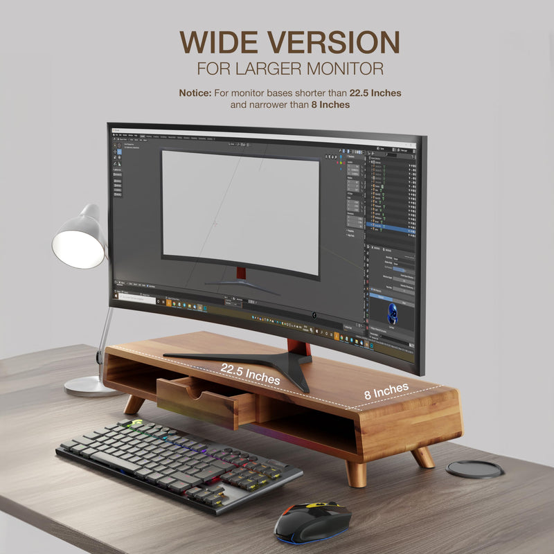 TINAMO Acacia Wood Monitor Stand with Drawer - Wooden Monitor Riser for Desk - Computer Monitor Stand for Desk - Multi-Purpose Desktop Storage Stand for Computer; Laptop; Printer; TV - 24.4 " x 8" x 5" (Patent Pending)