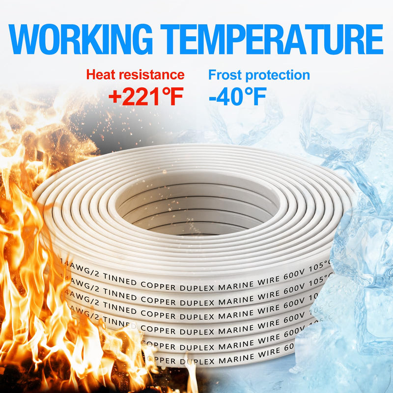 NAOEVO 14 Gauge Marine Wire Duplex, 14 AWG Stranded PVC Marine Electrical Wire, Waterproof/Corrosion Resistant/Tinned Copper Electrical Cable for Boat/Automotive/RV/Solar (30FT) 30ft