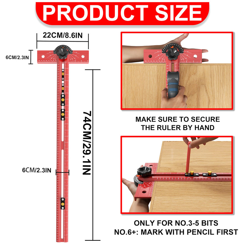 29 Inch Woodworking T Square Ruler, Adjustable Angle 15-165° Measurement Tool, Aluminum Alloy Body Precision Drilling Positioning Guide for Carpentry, Drafting, Architec, Scribe Crafting 29in red