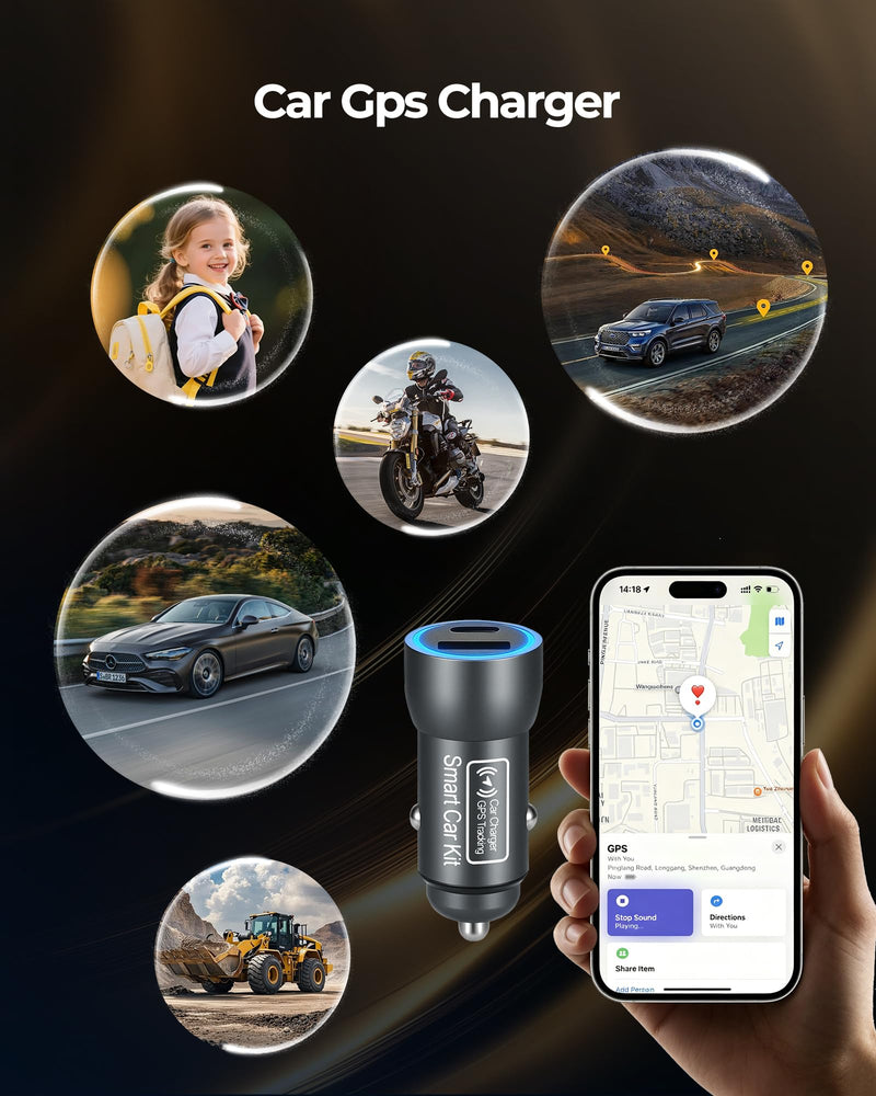 USB C Car Charger,GPS Tracker for Vehicles Cigarette for iOS Find My | 2-Port 40W Super Fast Charging Hidden Portable GPS Tracker Anti-Theft (iOS Only),No Monthly Fee Subscription-Grey Grey