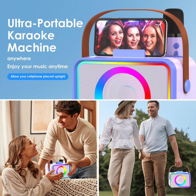 Karaoke Machine,Portable Bluetooth Speaker with 2 Wireless Microphone for Adults & Kids with LED Lights, Karaoke Microphone with PA System Supports USB/TF/AUX,Gift for Party (Purple Blue) Purple Blue