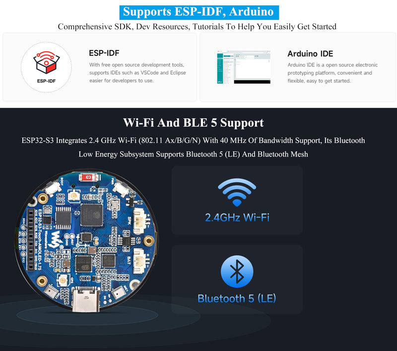 ESP32-S3 with 1.75inch AMOLED Round Touch Display Development Board, 466x466, QSPI Interface,Onboard Dual Digital Microphone Array, Support AI Speech Interaction, with 8Ω 2W Speaker and GPS Antenna