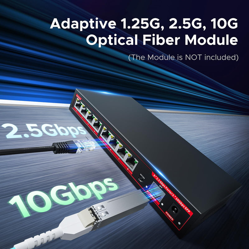 8 Port 2.5G Ethernet Switch with 1*10G SFP+ Slot, 9 Ports 2.5Gb Network Swithes and 1-10Gb Multi Speed, 60Gbps Switching Capacity, One Key VLAN| Plug & Play |Fanless |Metal |Wall Mount 9-Port| 8*2.5G+1*10G SFP