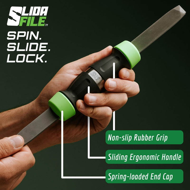 Slida File 4-in-1 Metal File Tool – Bastard, Smooth, Double & Second Cut | Sharpens knives, deburrs metal, shapes plastic & aluminum, removes rust — quick-swap grades, fits most toolboxes Black-green